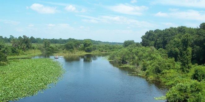 Picture of a beautiful blue sky with clouds, marshes, a river, and a small boat in the distance. 