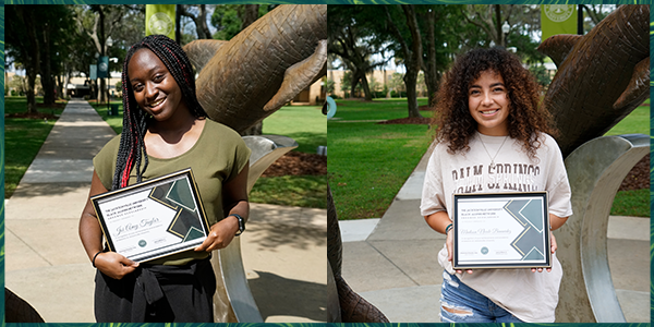 Two female students receiving scholarship award