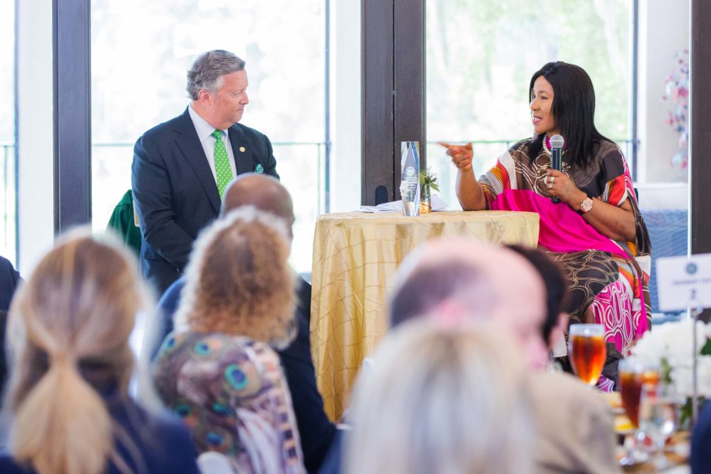 Dr. Mandela answers questions from President Cost and special guests during a small celebratory luncheon after the award ceremony. Ticket purchases supported the charter formation of the Mandela Family Scholarship Endowment at JU