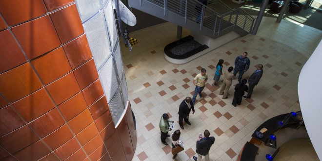 gathering in DCOB lobby