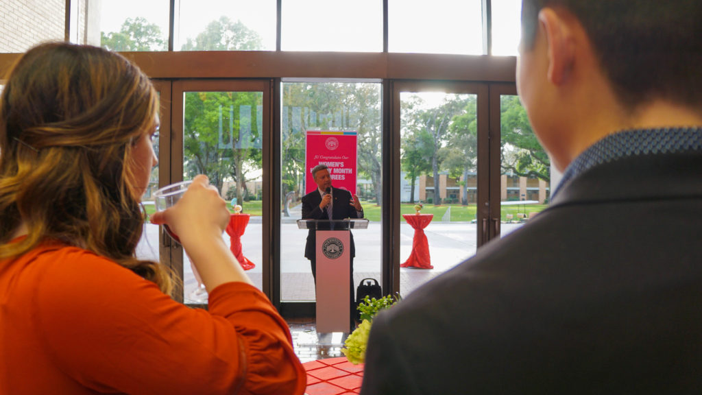 President Cost addresses nominees at a LeadHERship pre-event reception.