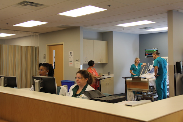 Two informatics nurses working at computers at a nurses desk.