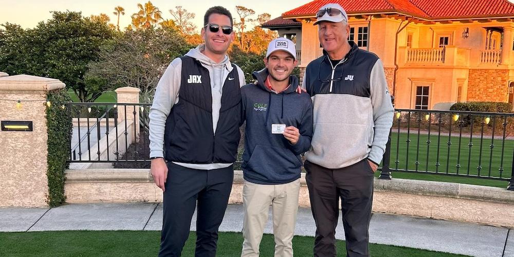 Senior VP & Athletics Director Alex Ricker-Gilbert, Raul Perera '18, Head Men's Golf Coach Mike Blackburn